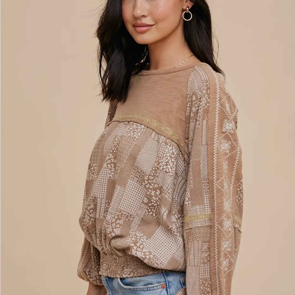 In Loom Patchwork Print Long Sleeve Top with Embroidered Sleeves in Taupe